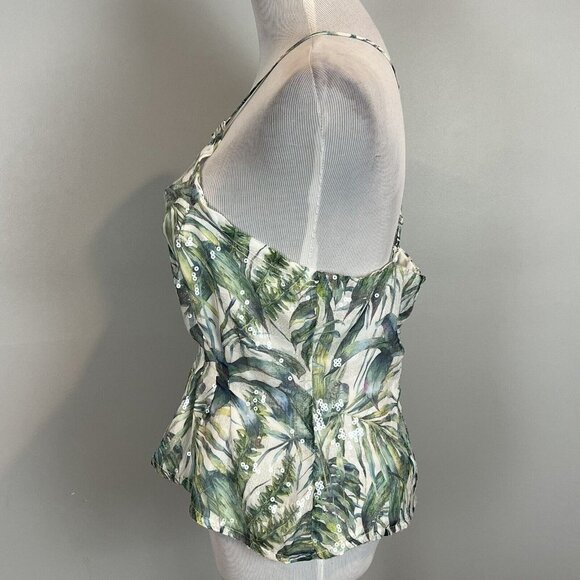 Bebe Sleeveless Blouse Tropical Chiffon Leaf Print Clear Sequins Size 6 NWT - Picture 8 of 13